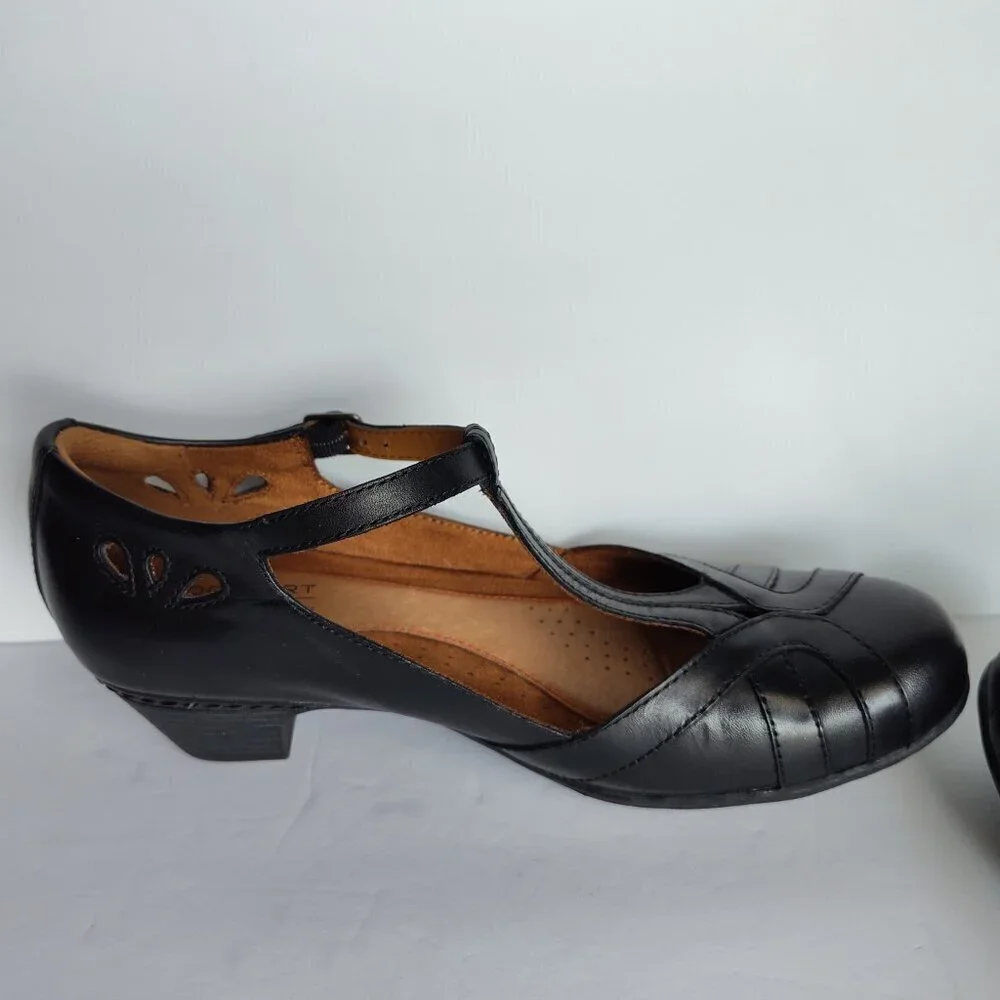 Ladies SZ 7-1/2 W Rockport Black Angelina Leather T-Strap